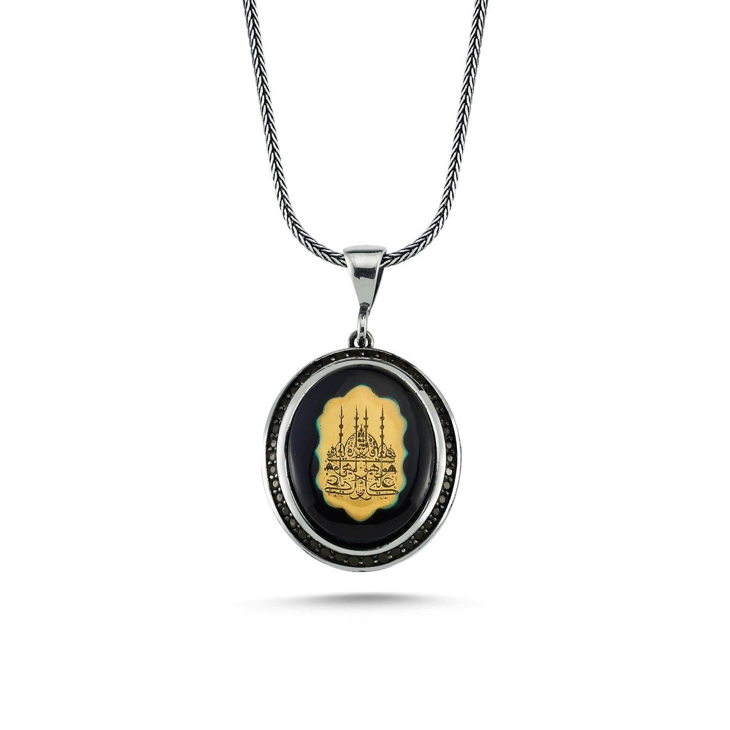 Kehribar Taşlı Camii İşlemeli 60 cm 925 Gümüş Kolye