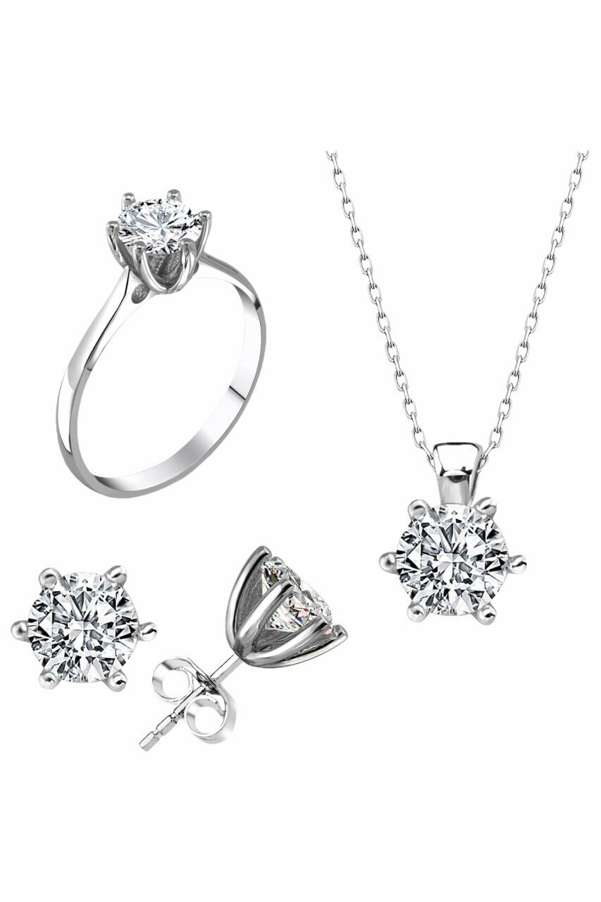 Sertifikalı Swarovski Pırlanta Montür Tektaş 925 Gümüş Set Takım