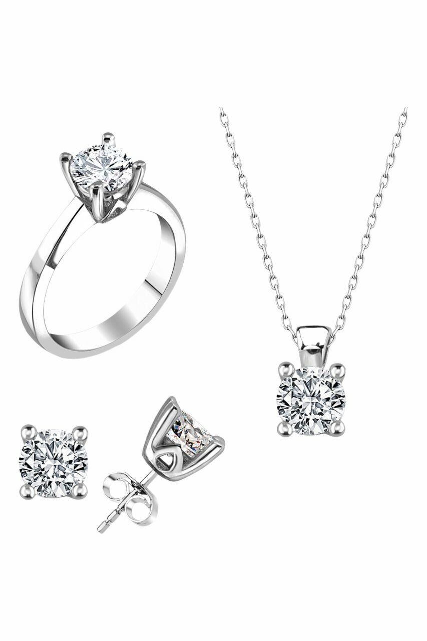 Sertifikalı Swarovski Tek Taş 925 Gümüş Set Takım