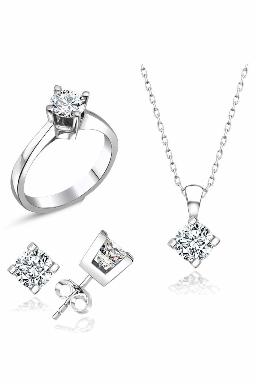 Sertifikalı Swarovski Taşlı Tek Taş 925 Gümüş Set Takım