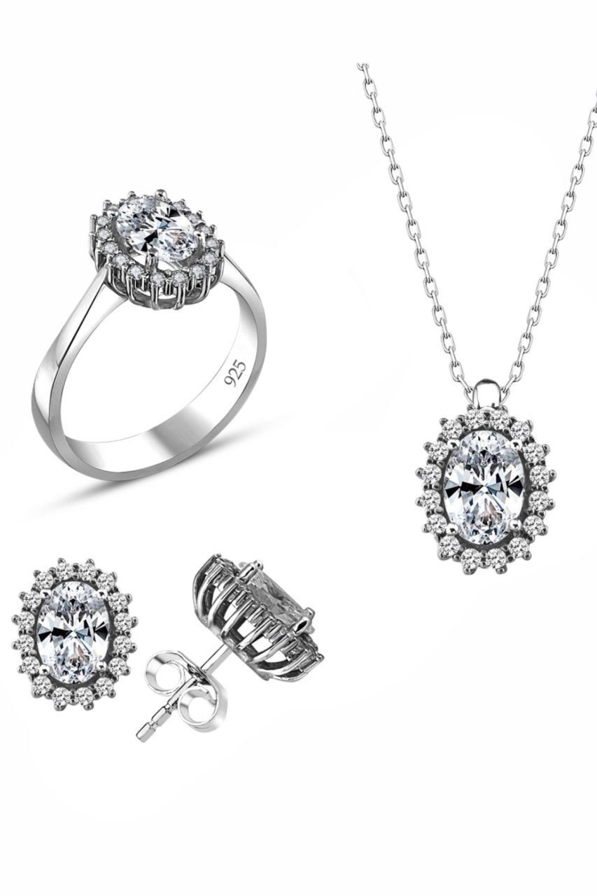 Sertifikalı Swarovski Oval Kesim Tek Taş 925 Gümüş Set