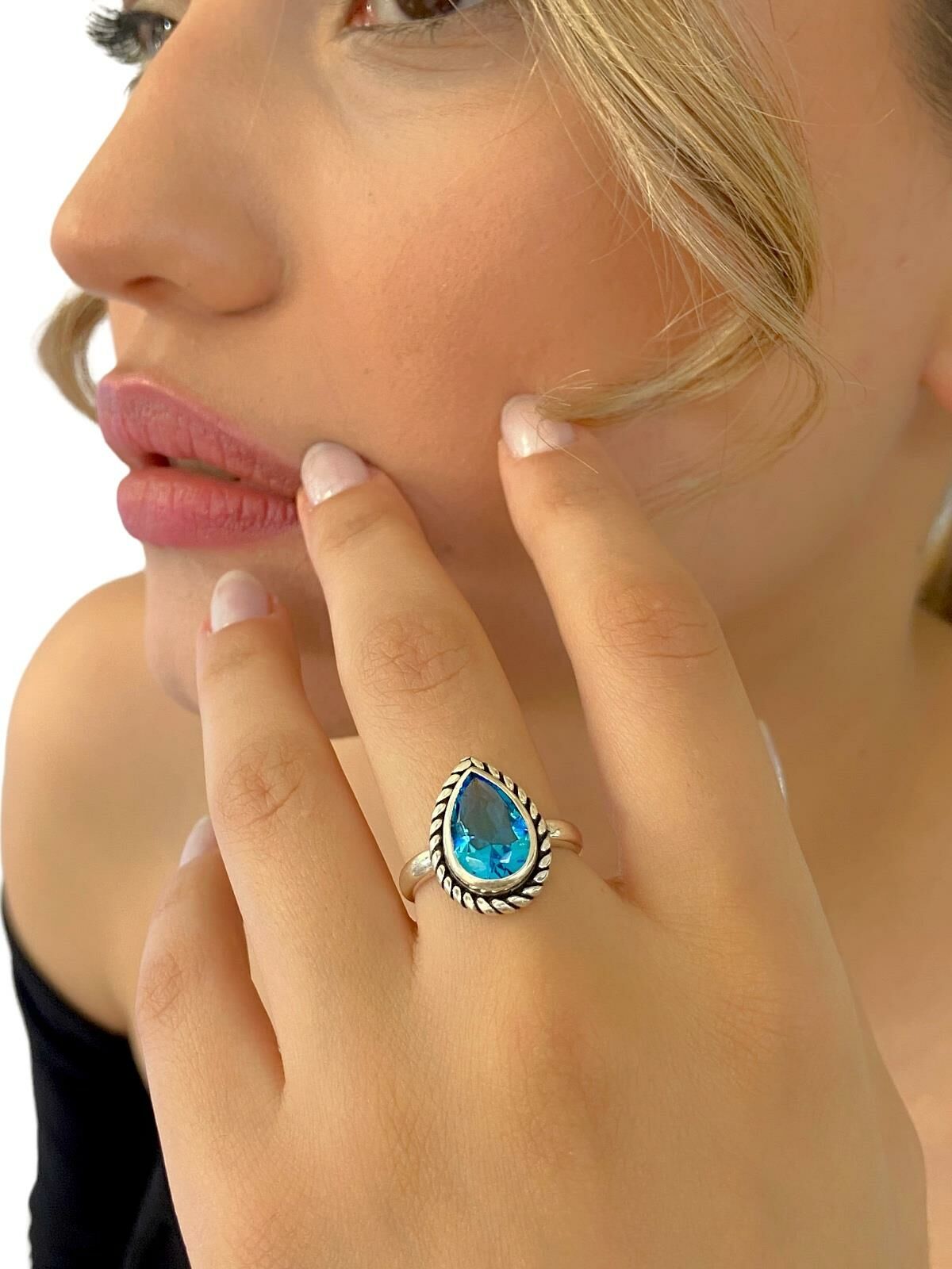 925 Ayar Damla Aquamarine Otantik Üst Kalite Gümüş Yüzük