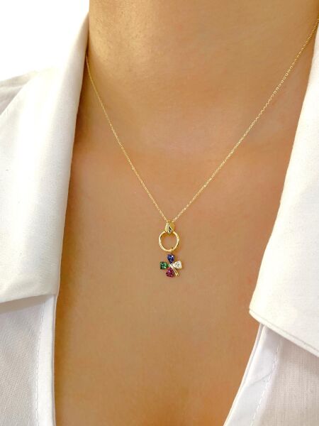 14 Ayar Altın Sallantılı Renkli Dört Yaprak Yonca Kolye