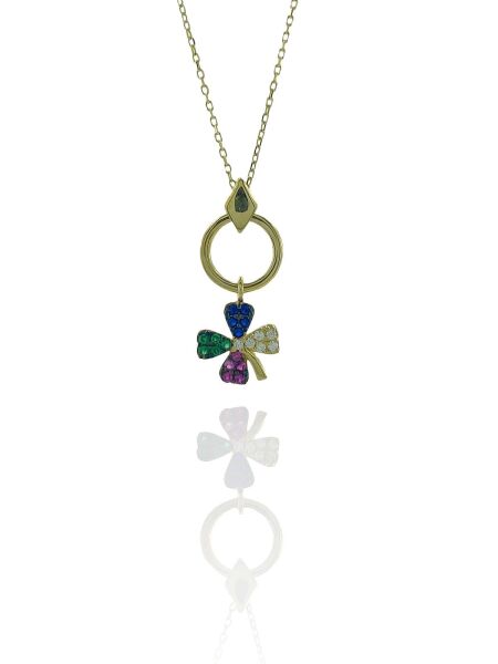 14 Ayar Altın Sallantılı Renkli Dört Yaprak Yonca Kolye