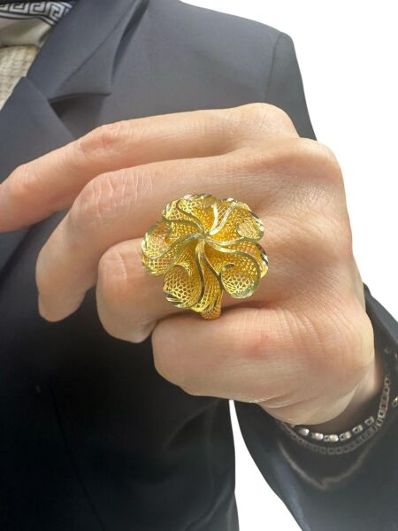 Telkari İşleme Büyük Gül 8 Ayar Altın Yüzük