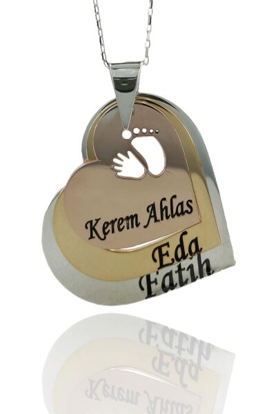 Anne Baba Çocuk İsimli Kalp Aile Kolyesi Gümüş Kolye