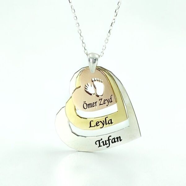 Anne Baba Çocuk İsimli Kalp Aile Kolyesi Gümüş Kolye