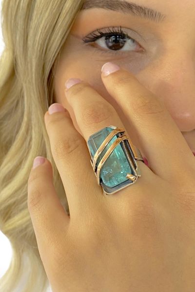 Doğal Mavi Topaz El Üretim Özel Kalite 925 Gümüş Yüzük