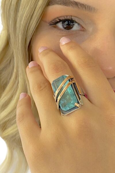 Doğal Mavi Topaz El Üretim Özel Kalite 925 Gümüş Yüzük