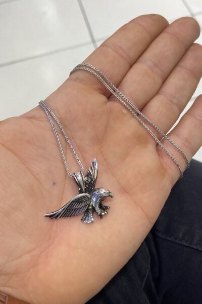 Üç Boyutlu Özel Tasarım Uzun Zincir Kartal Gümüş Kolye