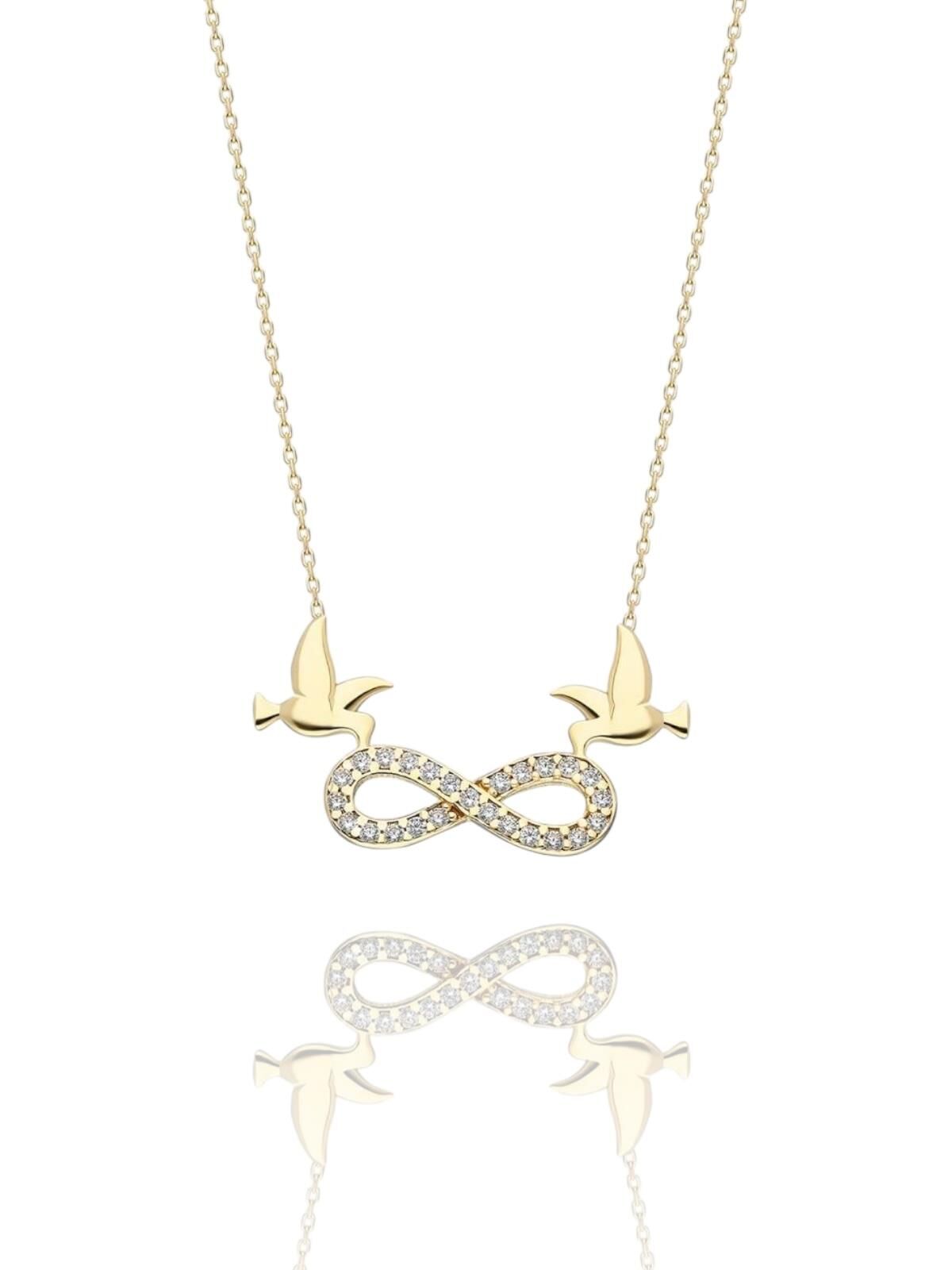 İki Güvercin Sonsuzluk Çok Şık 14 Ayar Altın Kolye