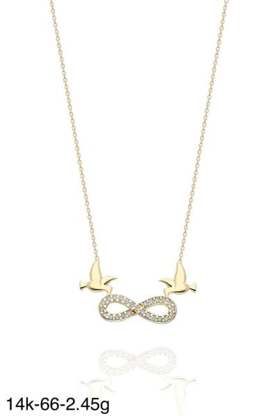 İki Güvercin Sonsuzluk Çok Şık 14 Ayar Altın Kolye