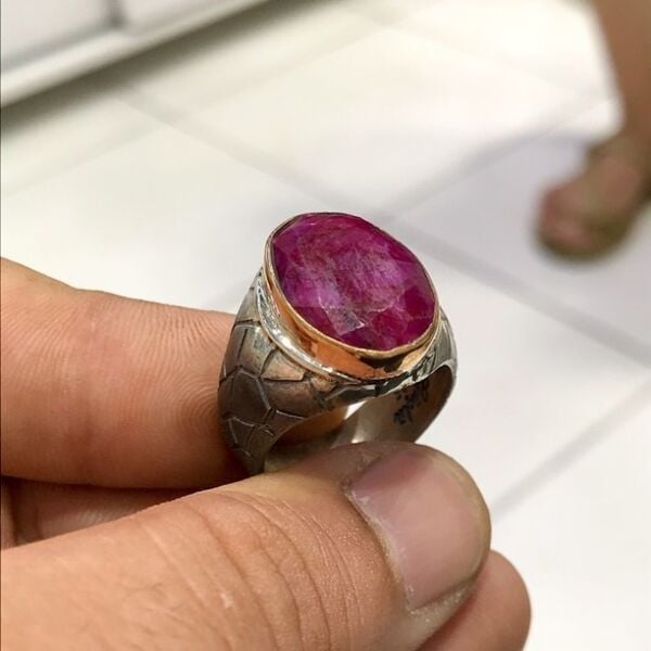 Doğal Yakut Taş El Üretimi Gümüş Erkek Yüzük