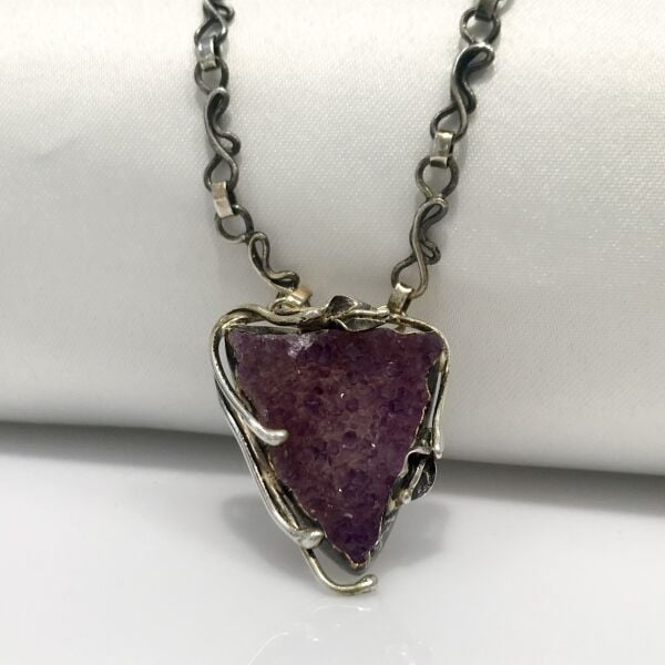 Doğal Ametist Taş Otantik El Üretimi Gümüş Kolye