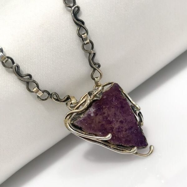 Doğal Ametist Taş Otantik El Üretimi Gümüş Kolye