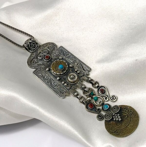 El Üretimi Özel Osmanlı Montür Otantik Gümüş Paralı Kolye