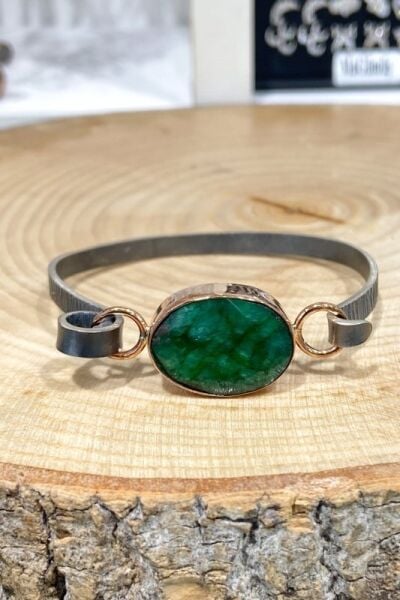 Doğal Has Taş Zümrüt El Üretim Otantik Gümüş Bilezik