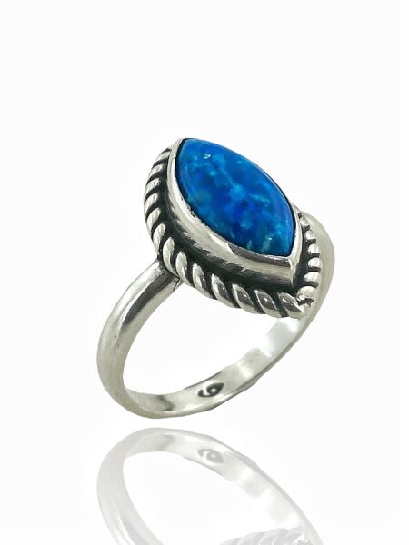 925 Ayar Gümüş El Üretim Otantik Doğal Opal Mekik Taş Yüzük