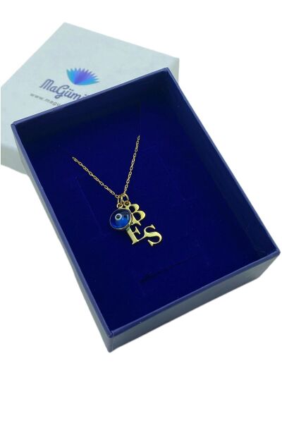 Nazar Cam Göz Boncuklu Üç 3 Harfli 925 Gümüş Kolye