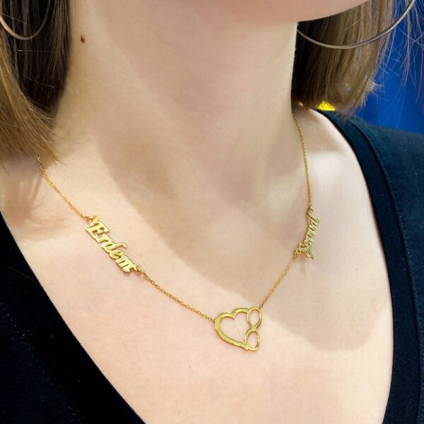 Altın Kaplama 2 İki İsimli Kalp Sonsuzluk Tasarım 925 Gümüş Kolye