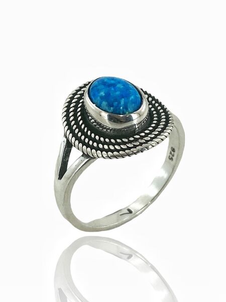925 Ayar Gümüş El Üretim Otantik Doğal Oval Opal Taş Yüzük