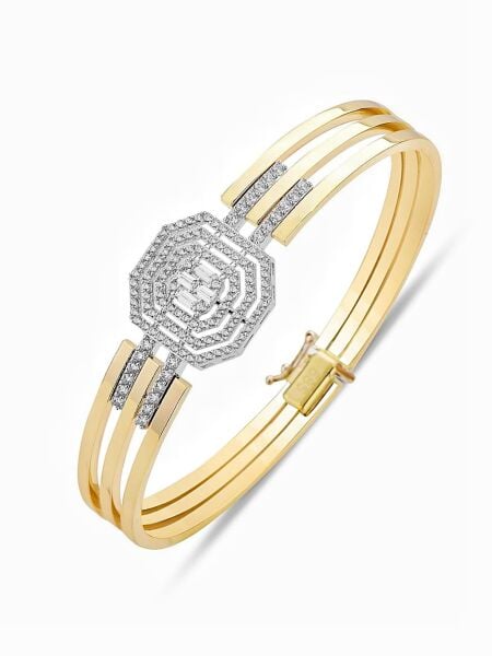 Pırlanta İşçilik Baget Kelepçe Zirkon 14 Ayar Altın Bilezik