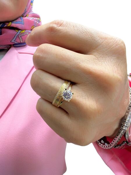 Tek Taş Alyans İkili Tvin Model 8 Ayar Altın Yüzük