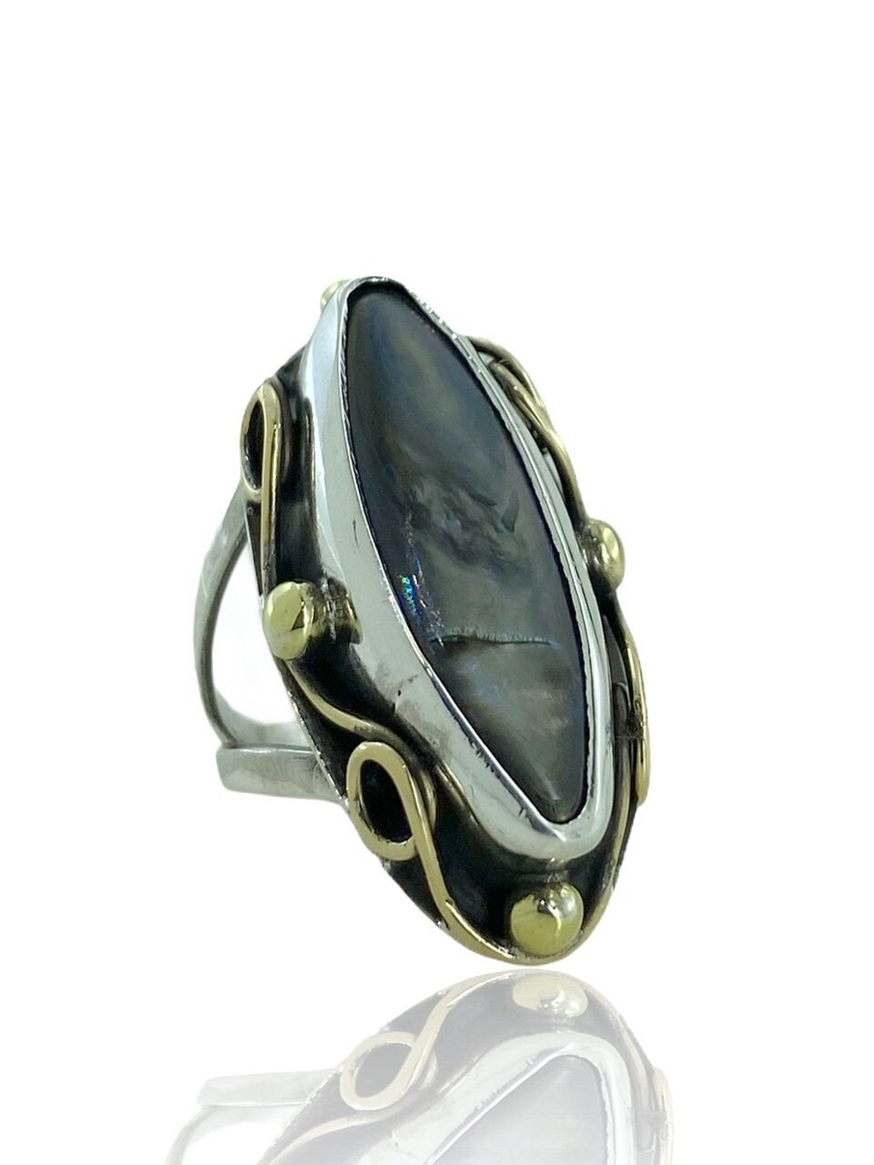 Otantik El Üretim Siyah Sedef Taşlı 925 Gümüş Yüzük