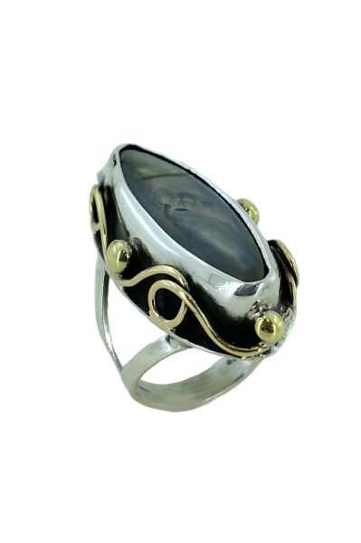 Otantik El Üretim Siyah Sedef Taşlı 925 Gümüş Yüzük