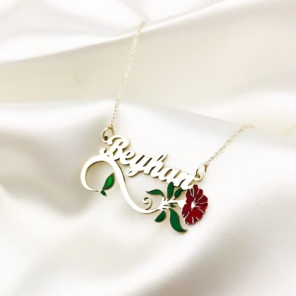 Yeni Karanfil İsimli Renkli Gümüş İsim Kolye