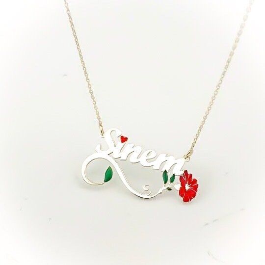 Yeni Karanfil İsimli Renkli Gümüş İsim Kolye
