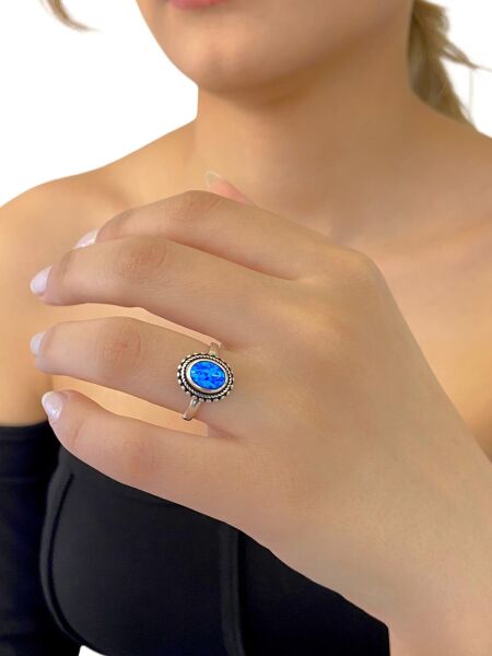 925 Ayar Gümüş El Üretim Otantik Doğal Minik Oval Opal Taş Yüzük