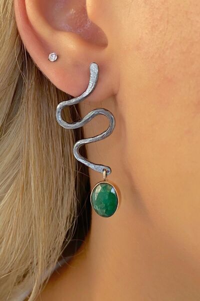 Doğal Zümrüt Taşlı Özel Tasarım 925 Gümüş Küpe