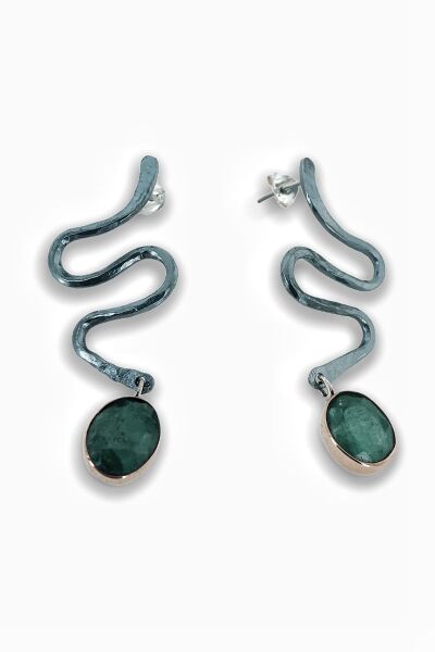 Doğal Zümrüt Taşlı Özel Tasarım 925 Gümüş Küpe