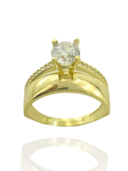 8 Ayar Düz Bombe Alyans Tek Taş Twin Altın Yüzük