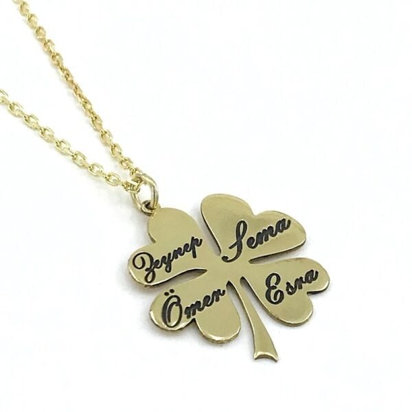 İsimli Yonca Yaprağı Aile Kolyesi Altın Kaplama Gümüş Kolye