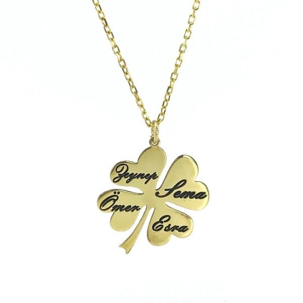 İsimli Yonca Yaprağı Aile Kolyesi Altın Kaplama Gümüş Kolye