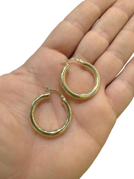 Taşsız Düz Kalın Şişik Günlük Altın Halka Küpe 14 Ayar 28 mm