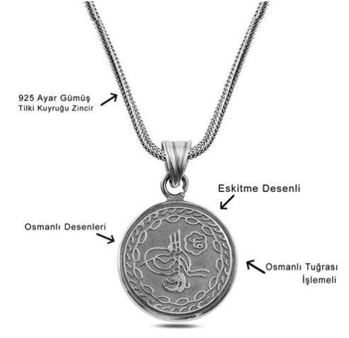 İçinde Cevşen Dualı Tuğra Muska 60 cm 925 Gümüş Kolye