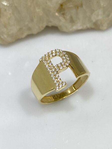 14 Ayar Altın P Harfli Üst Kalite Trend Harf Yüzük