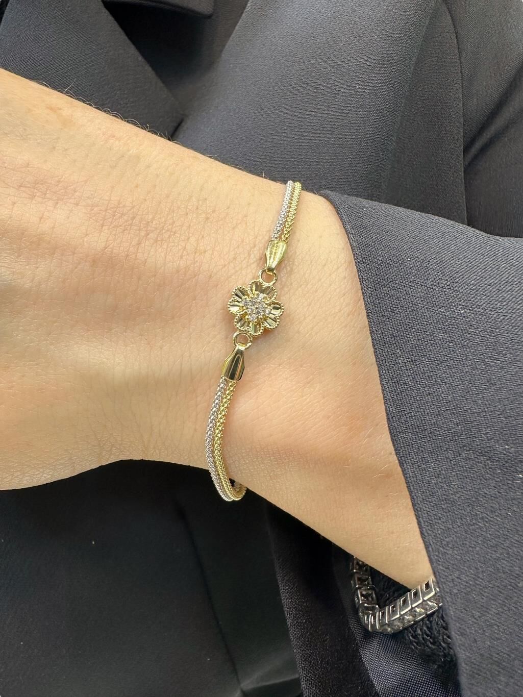 Yonca İki Renk Pop Corn Zincir Üst Kalite 14 Ayar Altın Bileklik