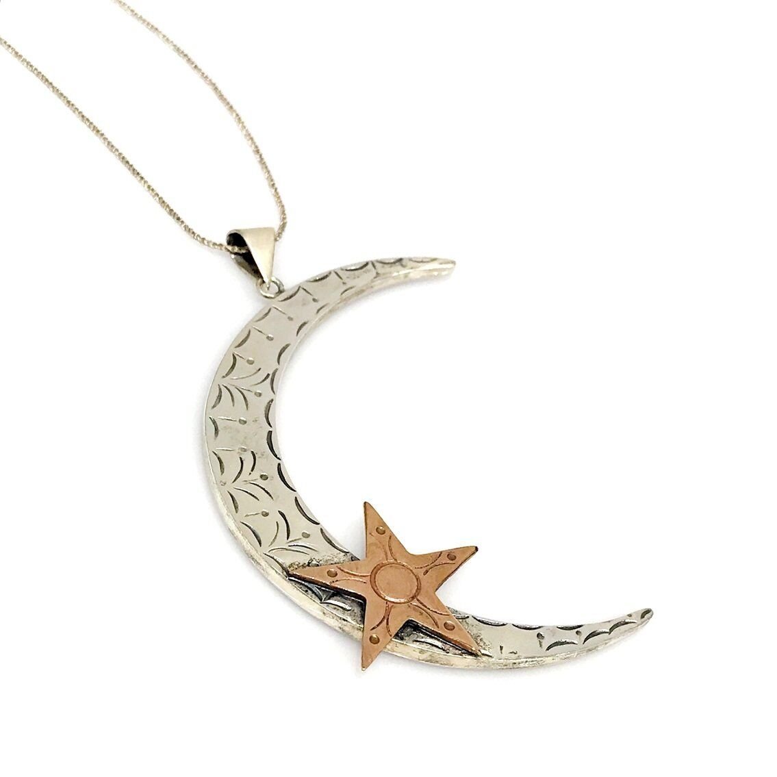Ayyıldız Otantik Büyük Boy El İşçiliği Gümüş Ay Yıldız Kolye