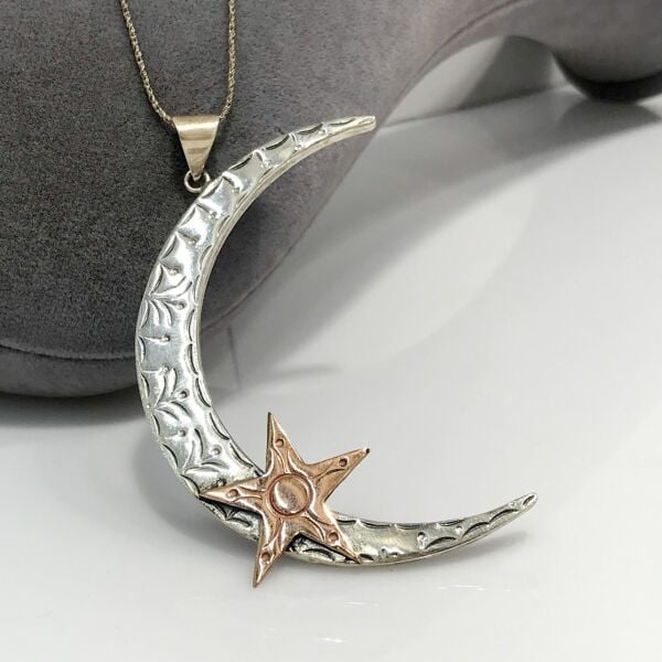 Ayyıldız Otantik Büyük Boy El İşçiliği Gümüş Ay Yıldız Kolye