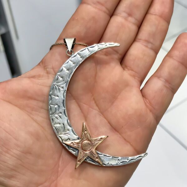 Ayyıldız Otantik Büyük Boy El İşçiliği Gümüş Ay Yıldız Kolye