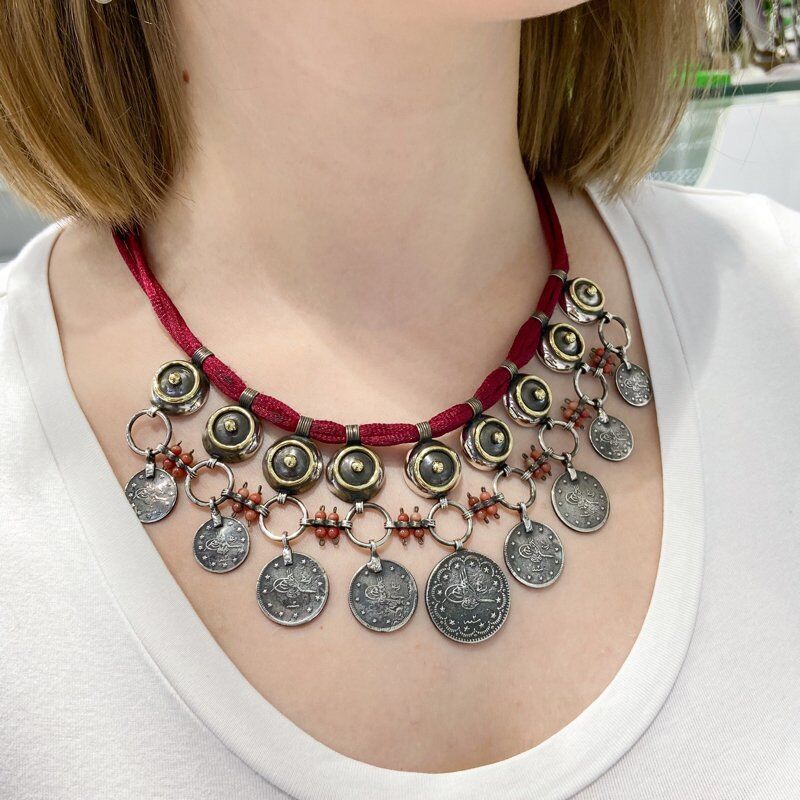 Osmanlı Gümüş Parası El Üretim Gerdanlık Küpe Gümüş Set