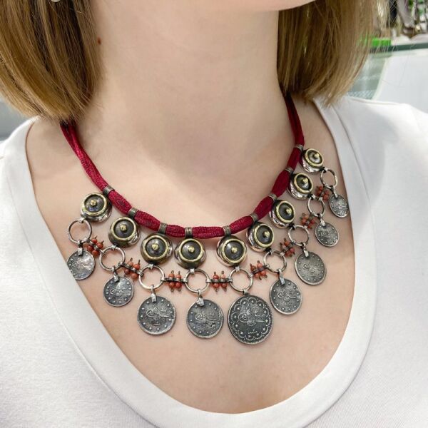 Osmanlı Gümüş Parası El Üretim Gerdanlık Küpe Gümüş Set