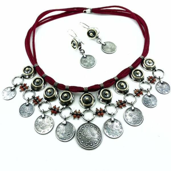 Osmanlı Gümüş Parası El Üretim Gerdanlık Küpe Gümüş Set