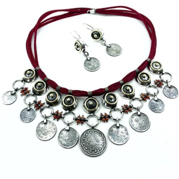 Osmanlı Gümüş Parası El Üretim Gerdanlık Küpe Gümüş Set