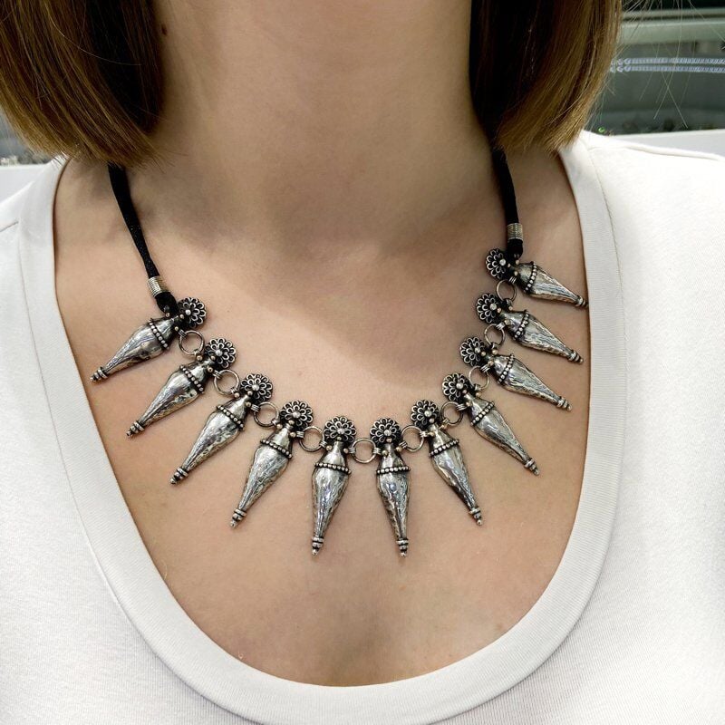 Eski Türk Motifli Tasarım Otantik Gerdanlık Küpe Gümüş Set