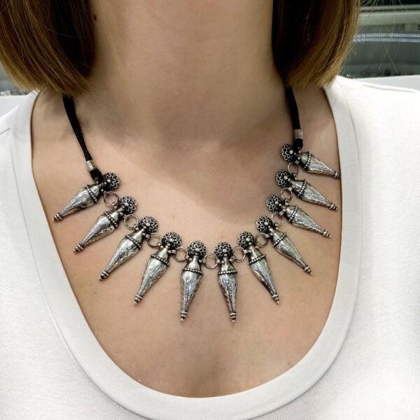 Eski Türk Motifli Tasarım Otantik Gerdanlık Küpe Gümüş Set